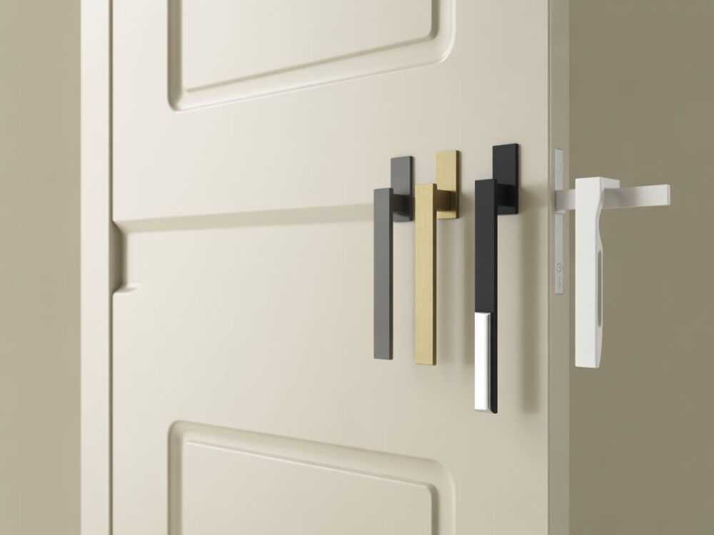 detal klamki na białych drzwiach