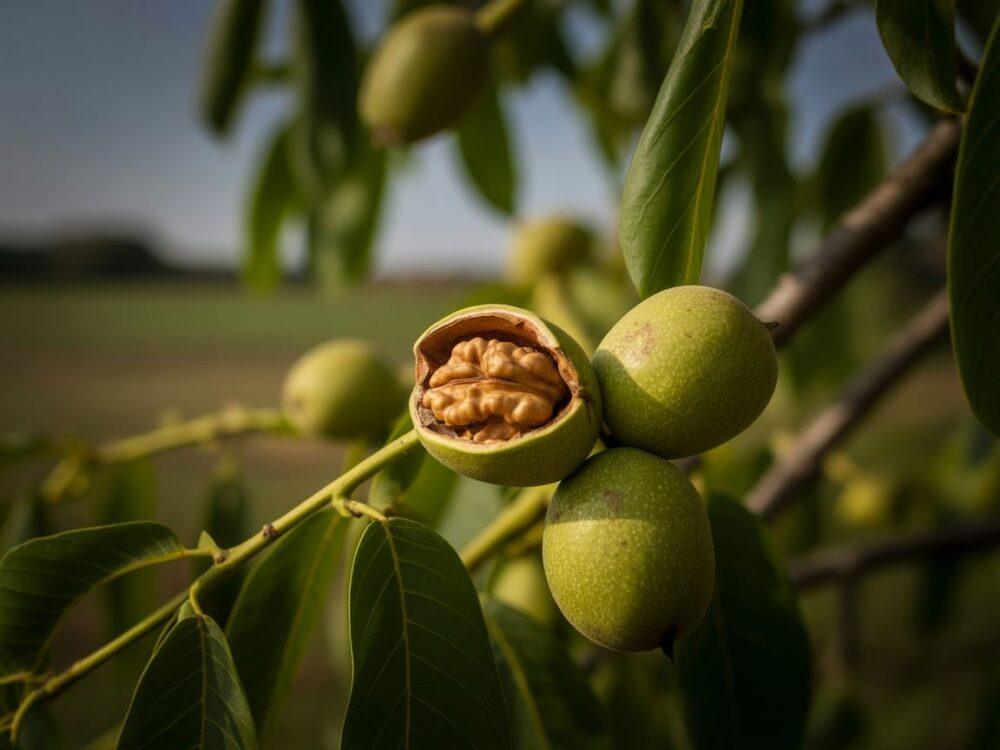 dojrzałe orzechy na drzewie