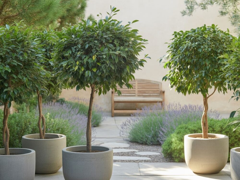doniczki ogrodowe z drzewkami