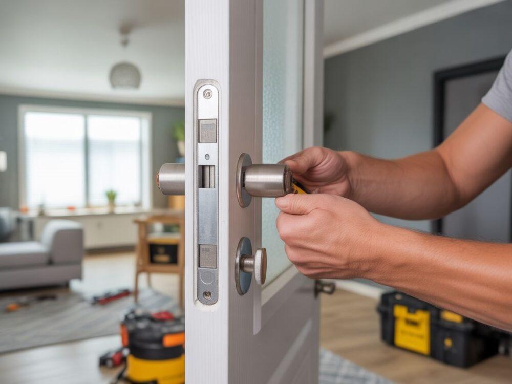 fachowiec z poziomicą przy zawiasach