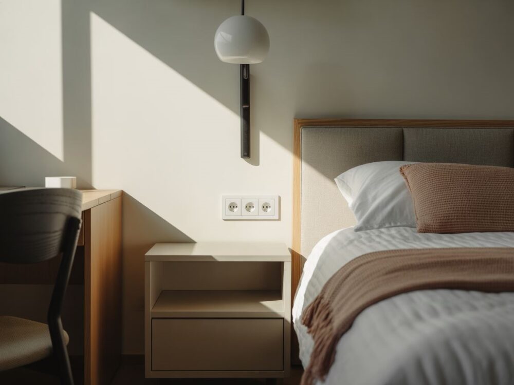 gniazda przy łóżku po obu stronach