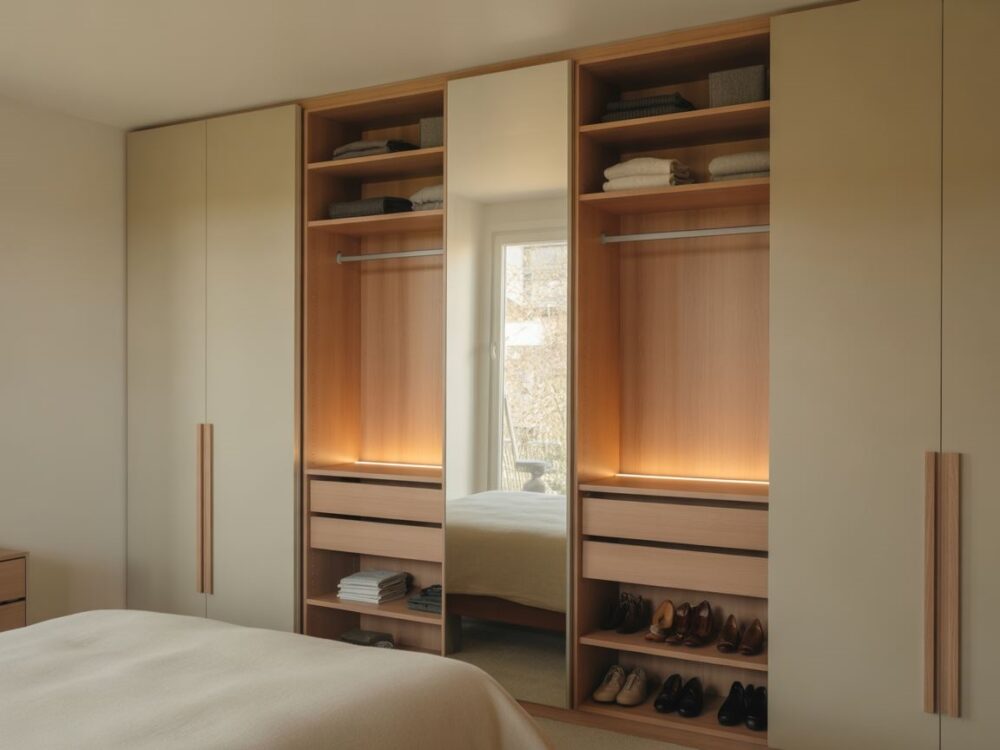 minimalistyczna sypialnia z szafą