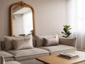 okrągłe lustro w salonie