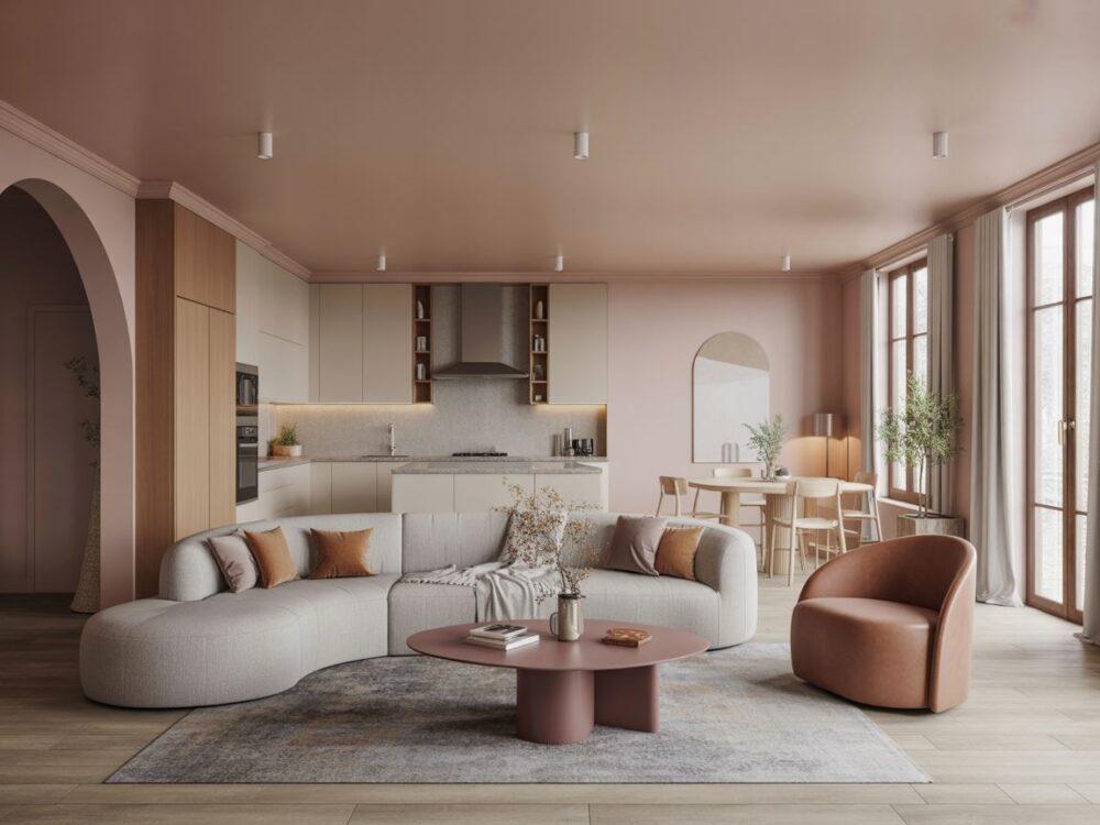 salon z kuchnią scandi