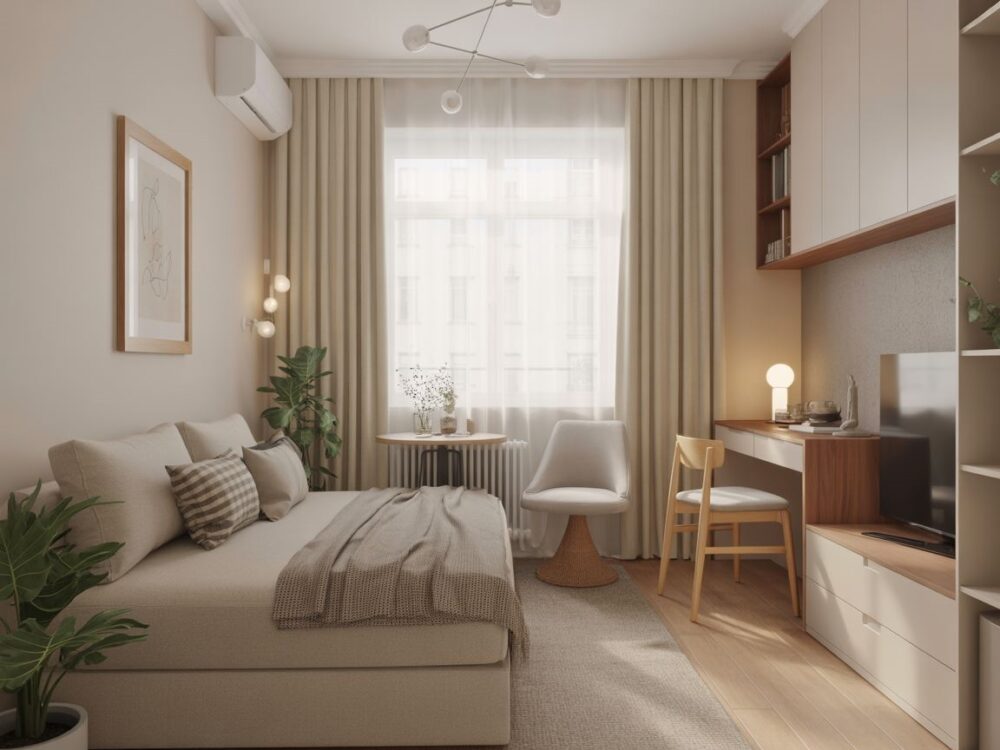 sofa z funkcją spania i stół składany