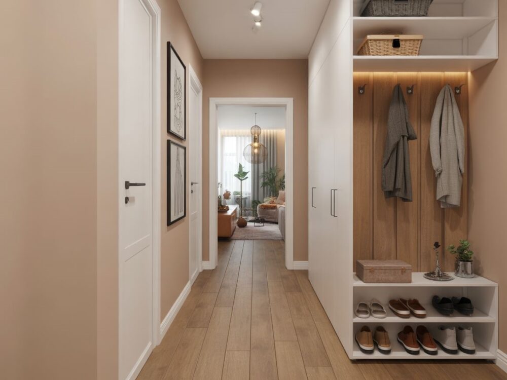 wąski korytarz z lustrem