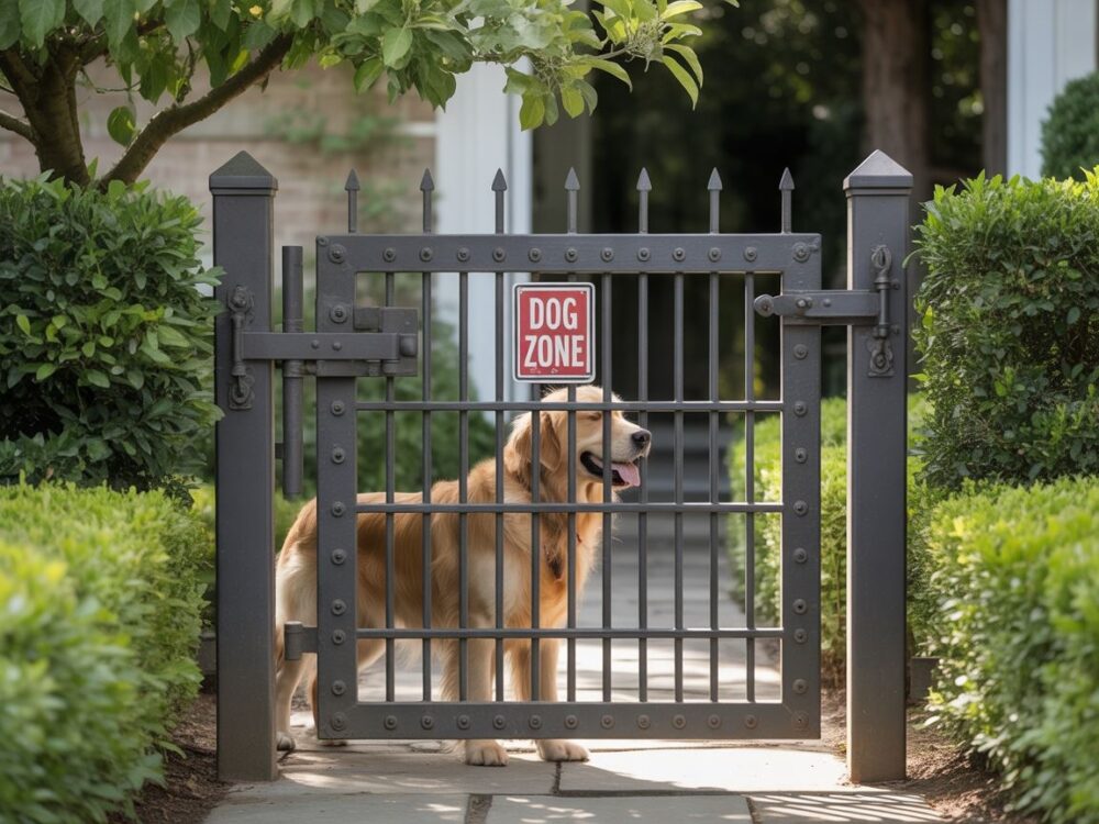 wąskie sztachety bramy przeciw psu