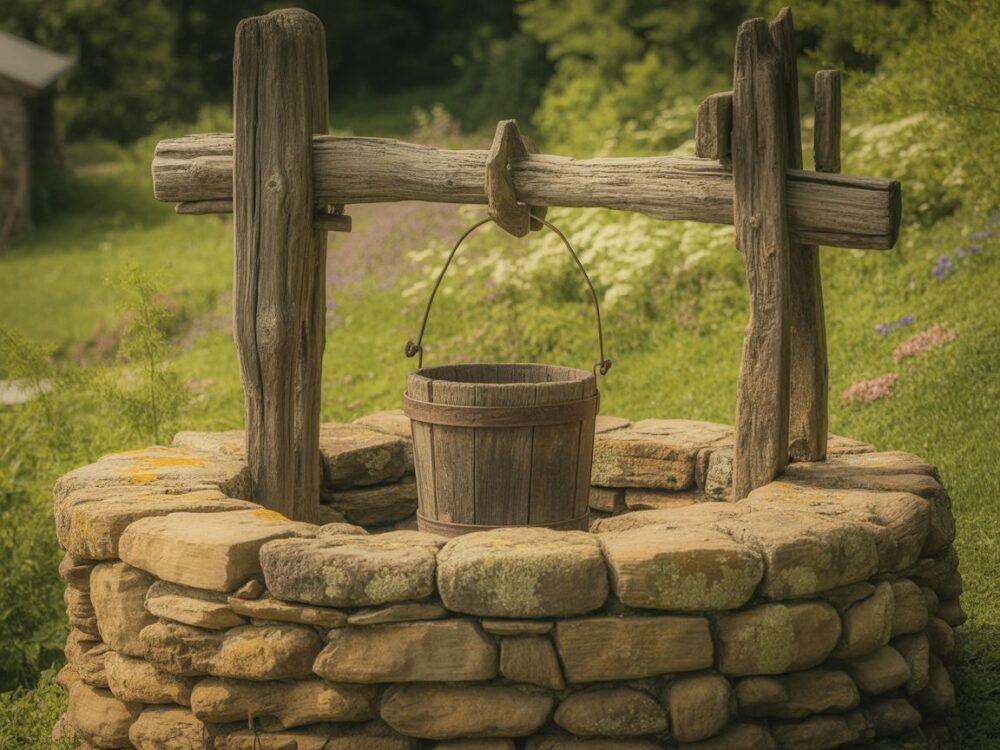 wiadro przy studni ogrodowej